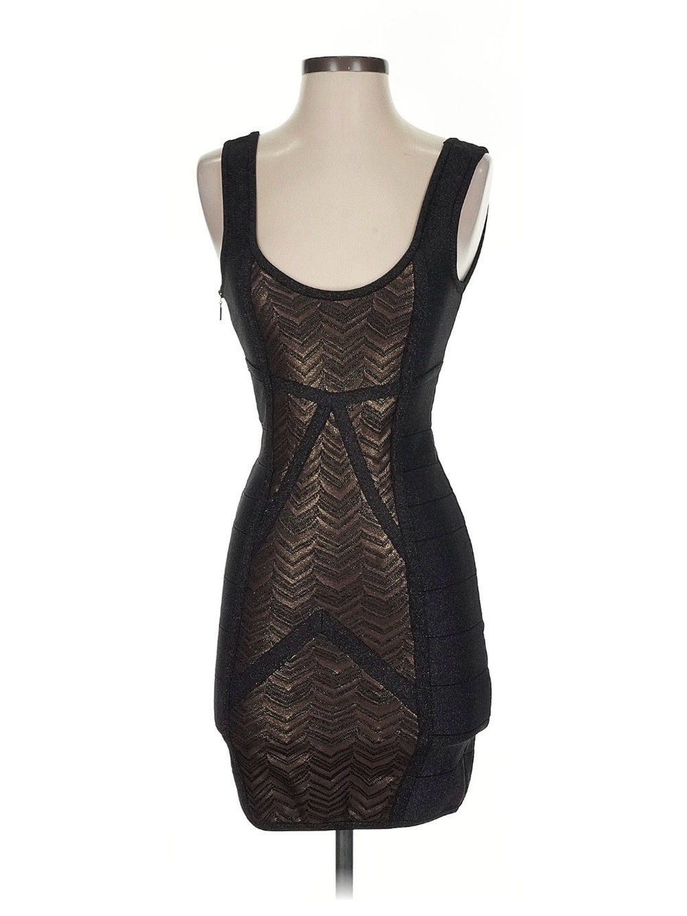 bebe Black & Gold Sheer Chevron Bodycon Dress